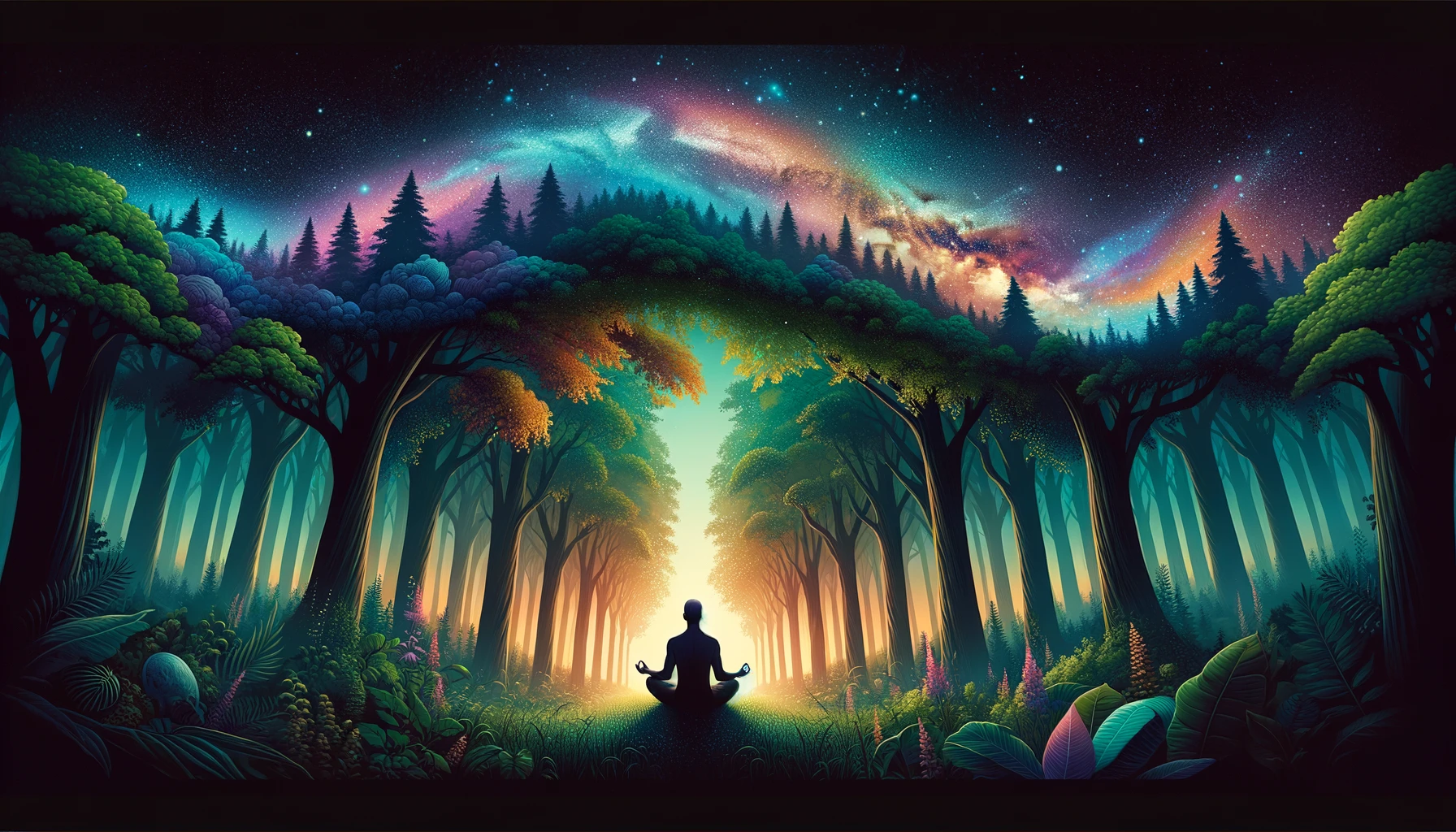 Es vermittelt eine Atmosphäre von Harmonie, Erleuchtung und der Reise nach Innen, umgeben von einer Verbindung mit der Natur und dem Kosmos.